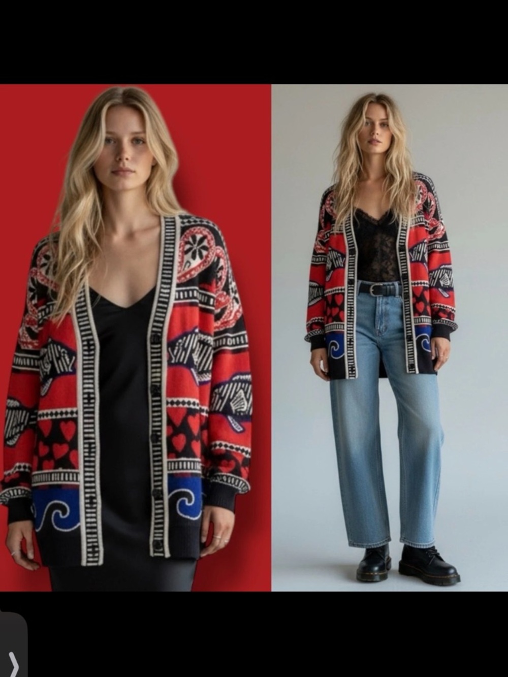 FARM Rio Navy Mixed Print Knit Cardigan Small - Picture 2 of 14